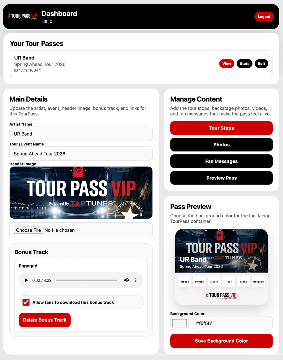 Tour Pass VIP artist control panel